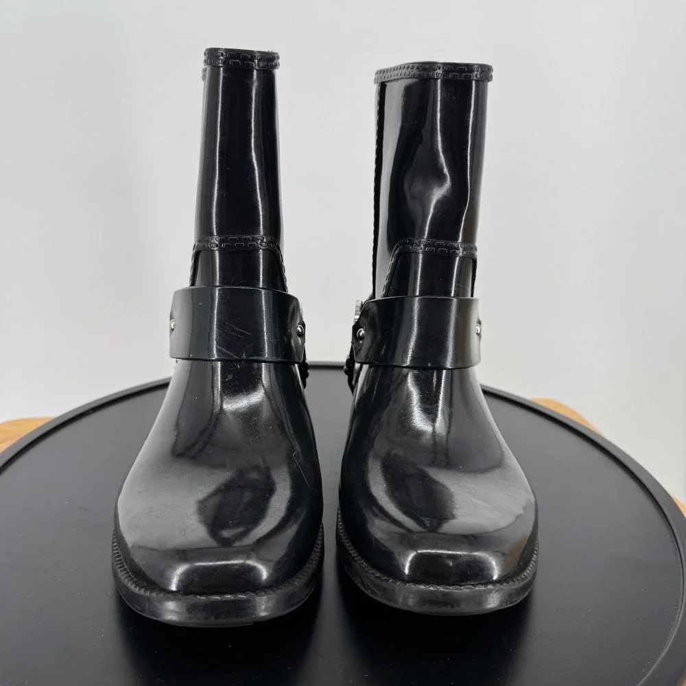 Michael Kors Black Rubber Rain Boots MK Logo Harness Moto Mid Calf Womens 8